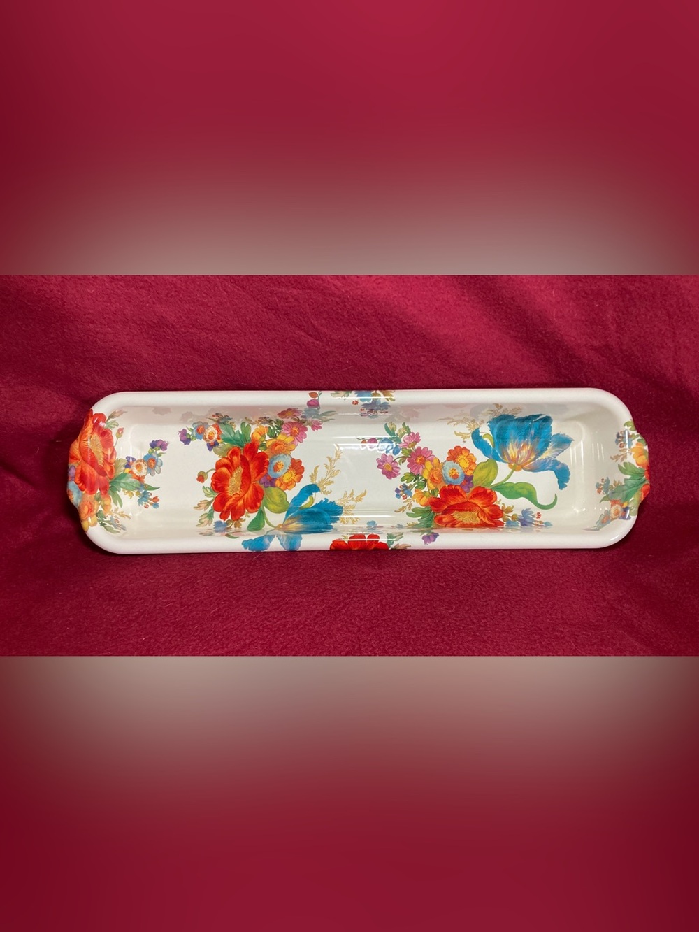 Mackenzie Childs White Flower Market Enamelware Baguette Dish 18” Bread Pan